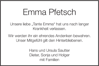 Traueranzeige von Emma Pfetsch von SÜDWEST PRESSE Ausgabe Ulm/Neu-Ulm