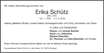 Traueranzeige von Erika Schütz von NWZ Neue Württembergische Zeitung