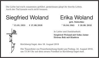 Traueranzeige von Erika Woland von Hohenloher Tagblatt