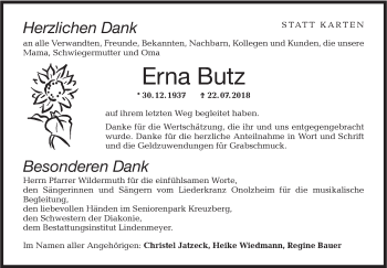 Traueranzeige von Erna Butz von Hohenloher Tagblatt