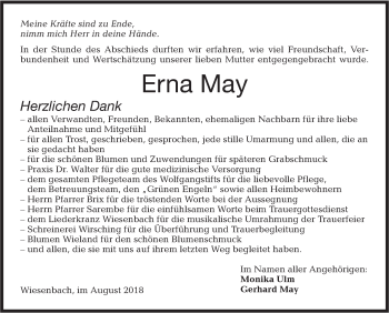 Traueranzeige von Erna May von Hohenloher Tagblatt