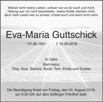 Traueranzeige von Eva-Maria Guttschick von SÜDWEST PRESSE Ausgabe Ulm/Neu-Ulm