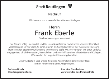 Traueranzeige von Frank Eberle von Metzinger-Uracher Volksblatt