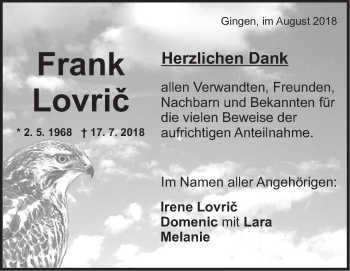 Traueranzeige von Frank Lovric von Geislinger Zeitung