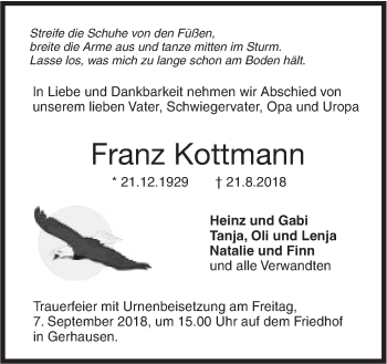 Traueranzeige von Franz Kottmann von SÜDWEST PRESSE