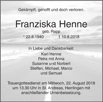 Traueranzeige von Franziska Henne von SÜDWEST PRESSE Ausgabe Ulm/Neu-Ulm