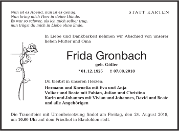 Traueranzeige von Frida Gronbach von Hohenloher Tagblatt