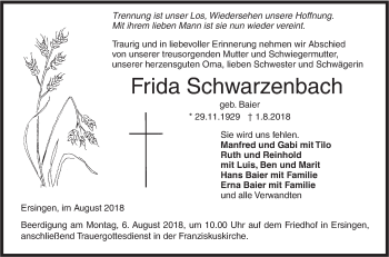 Traueranzeige von Frida Schwarzenbach von SÜDWEST PRESSE Ausgabe Ulm/Neu-Ulm