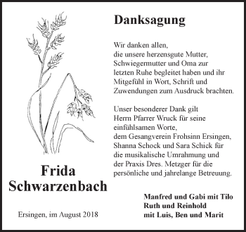 Traueranzeige von Frida Schwarzenbach von Ehinger Tagblatt