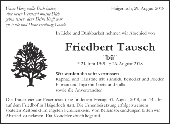 Traueranzeige von Friedbert Tausch von Hohenzollerische Zeitung