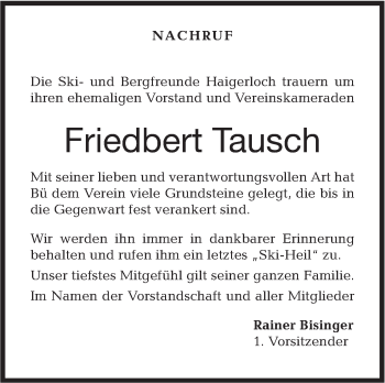 Traueranzeige von Friedbert Tausch von Hohenzollerische Zeitung