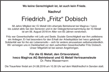 Traueranzeige von Friedrich Dobisch von SÜDWEST PRESSE Ausgabe Ulm/Neu-Ulm