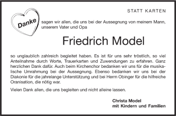 Traueranzeige von Friedrich Model von Hohenloher Tagblatt