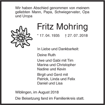 Traueranzeige von Fritz Mohring von SÜDWEST PRESSE Ausgabe Ulm/Neu-Ulm