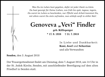 Traueranzeige von Genoveva Findler von SÜDWEST PRESSE Ausgabe Ulm/Neu-Ulm