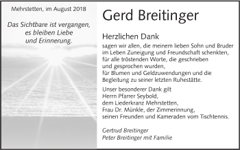 Traueranzeige von Gerd Breitinger von Alb-Bote/Metzinger-Uracher Volksblatt