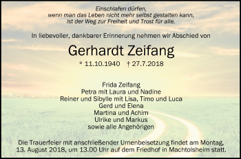 Traueranzeige von Gerhardt Zeifang von SÜDWEST PRESSE Ausgabe Ulm/Neu-Ulm