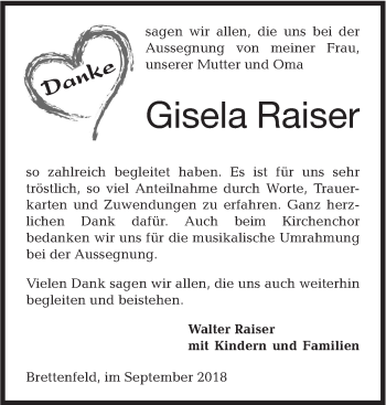 Traueranzeige von Gisela Raiser von Hohenloher Tagblatt