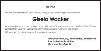 Traueranzeige von Gisela Wacker von Haller Tagblatt