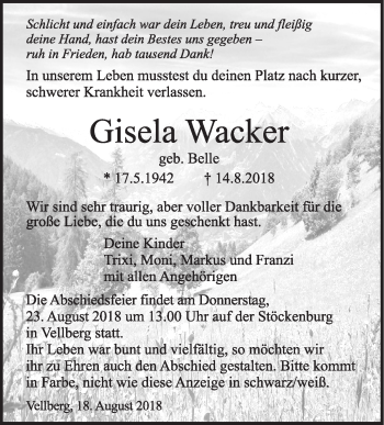 Traueranzeige von Gisela Wacker von Haller Tagblatt