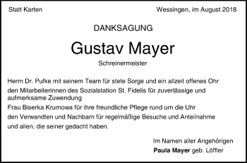 Traueranzeige von Gustav Mayer von Hohenzollerische Zeitung