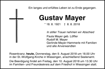 Traueranzeige von Gustav Mayer von Hohenzollerische Zeitung