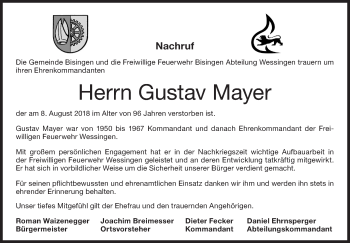 Traueranzeige von Gustav Mayer von Hohenzollerische Zeitung