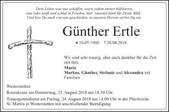 Traueranzeige von Günther Ertle von SÜDWEST PRESSE Ausgabe Ulm/Neu-Ulm