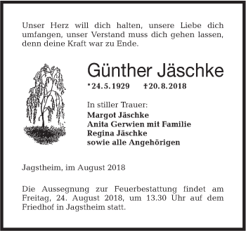 Traueranzeige von Günther Jäschke von Hohenloher Tagblatt