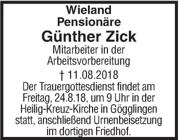 Traueranzeige von Günther Zick von SÜDWEST PRESSE Ausgabe Ulm/Neu-Ulm