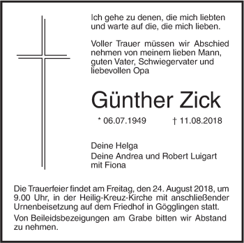 Traueranzeige von Günther Zick von SÜDWEST PRESSE Ausgabe Ulm/Neu-Ulm