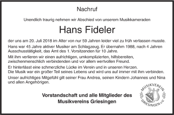 Traueranzeige von Hans Fideler von Ehinger Tagblatt