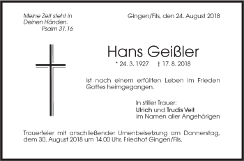 Traueranzeige von Hans Geißler von Geislinger Zeitung