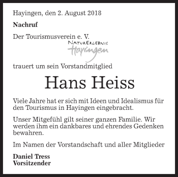 Traueranzeige von Hans Heiss von Alb-Bote/Metzinger-Uracher Volksblatt