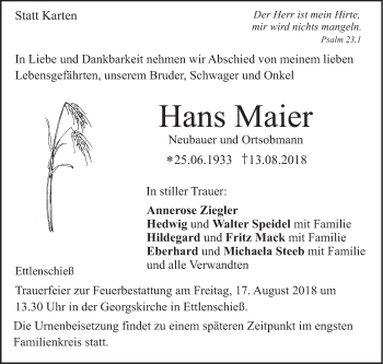 Traueranzeige von Hans Maier von Geislinger Zeitung