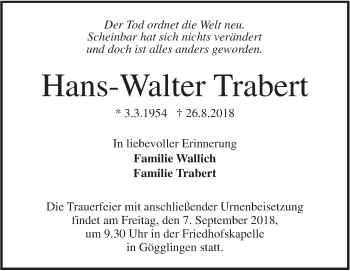 Traueranzeige von Hans-Walter Trabert von SÜDWEST PRESSE Ausgabe Ulm/Neu-Ulm