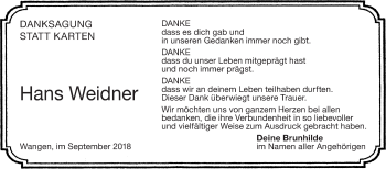 Traueranzeige von Hans Weidner von NWZ Neue Württembergische Zeitung