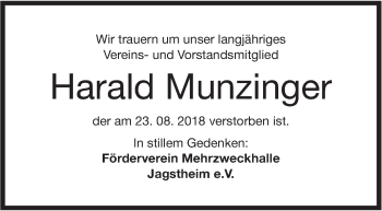 Traueranzeige von Harald Munzinger von Hohenloher Tagblatt