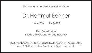 Traueranzeige von Hartmut Echner von SÜDWEST PRESSE