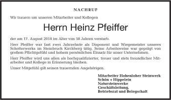 Traueranzeige von Heinz Pfeiffer von Hohenloher Tagblatt