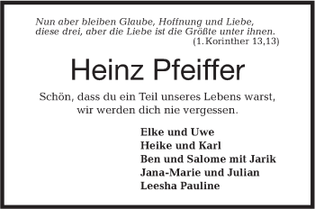 Traueranzeige von Heinz Pfeiffer von Hohenloher Tagblatt