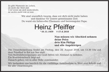 Traueranzeige von Heinz Pfeiffer von Hohenloher Tagblatt