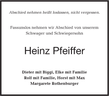 Traueranzeige von Heinz Pfeiffer von Hohenloher Tagblatt