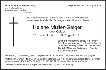 Traueranzeige von Helene Müller-Geiger von NWZ Neue Württembergische Zeitung