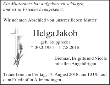 Traueranzeige von Helga Jakob von Ehinger Tagblatt