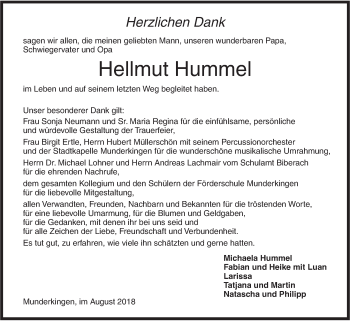 Traueranzeige von Hellmut Hummel von Ehinger Tagblatt