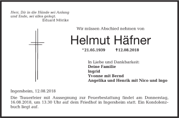 Traueranzeige von Helmut Häfner von Hohenloher Tagblatt