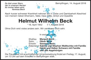 Traueranzeige von Helmut Wilhelm Beck von Metzinger-Uracher Volksblatt