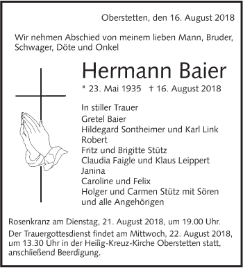 Traueranzeige von Hermann Baier von Alb-Bote/Metzinger-Uracher Volksblatt