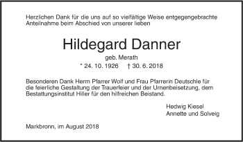 Traueranzeige von Hildegard Danner von SÜDWEST PRESSE Ausgabe Ulm/Neu-Ulm